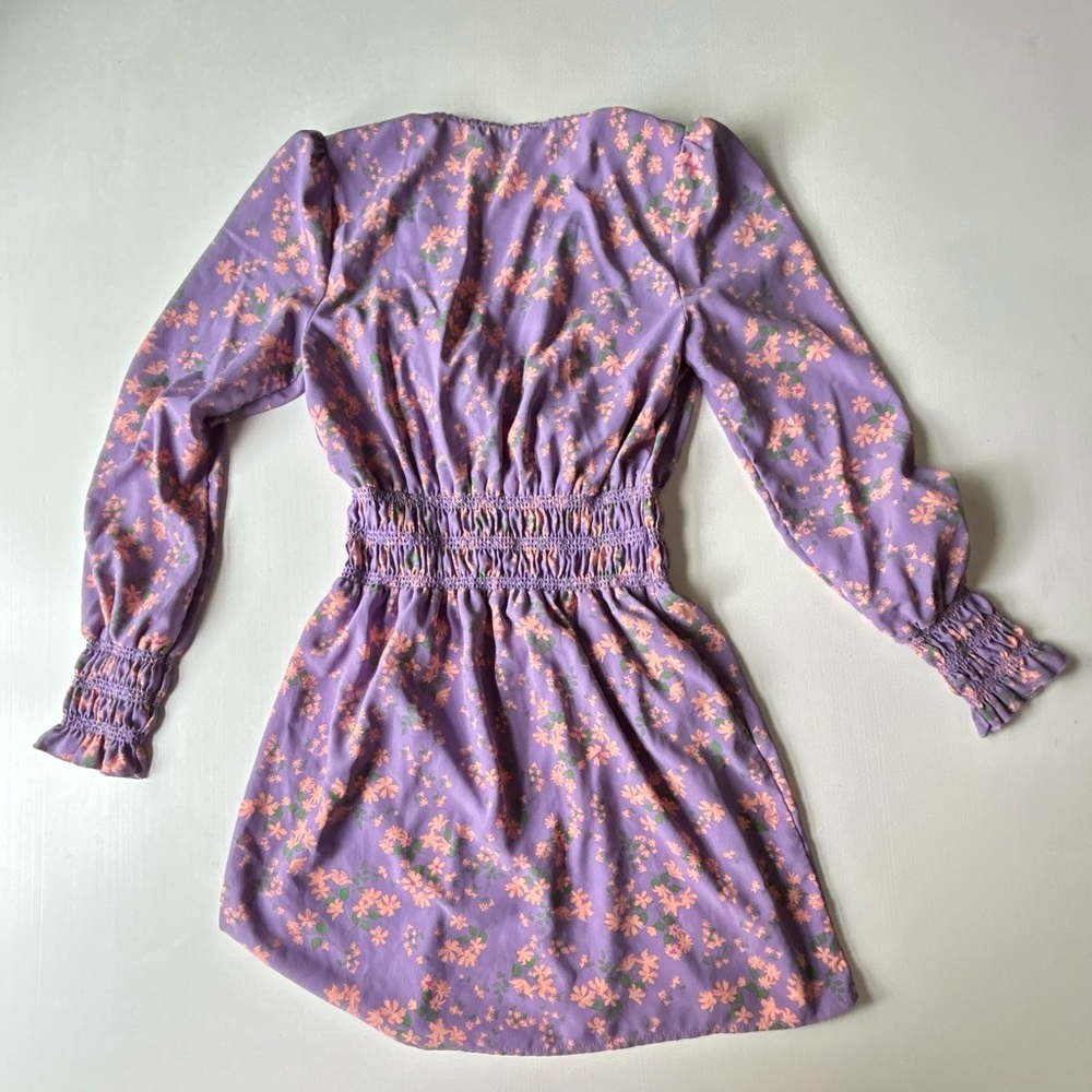 Wayf: Delancy Smocked Waist Lavender Floral Print Boho Mini Dress XS - Picture 6 of 8